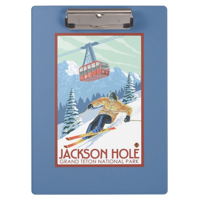 Jackson Hole, Wyoming Skier and Tram Clipboard (Front)