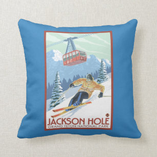 Jackson Hole, Wyoming Skier and Tram Cushion