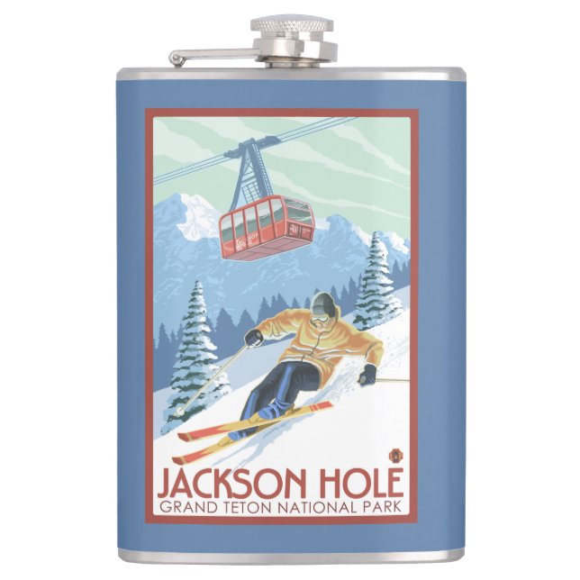 Jackson Hole, Wyoming Skier and Tram Hip Flask (Front)