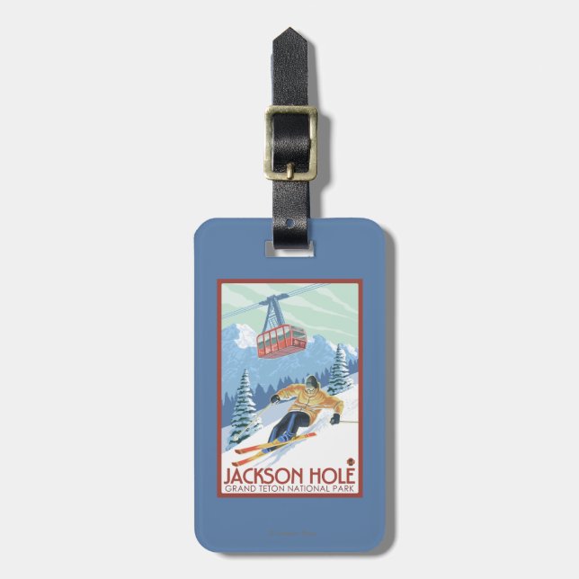 Jackson Hole, Wyoming Skier and Tram Luggage Tag (Front Vertical)