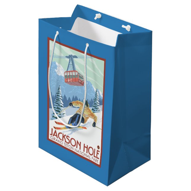 Jackson Hole, Wyoming Skier and Tram Medium Gift Bag (Front Angled)