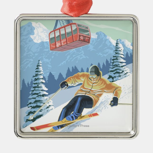 Jackson Hole, Wyoming Skier and Tram Metal Tree Decoration (Front)