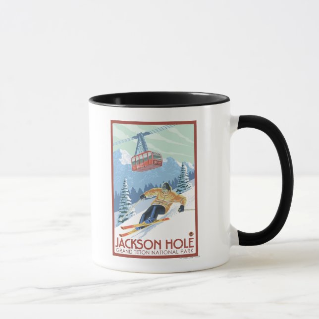Jackson Hole, Wyoming Skier and Tram Mug (Right)