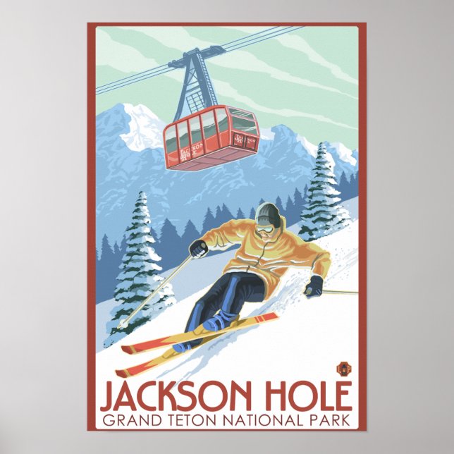 Jackson Hole, Wyoming Skier and Tram Poster (Front)