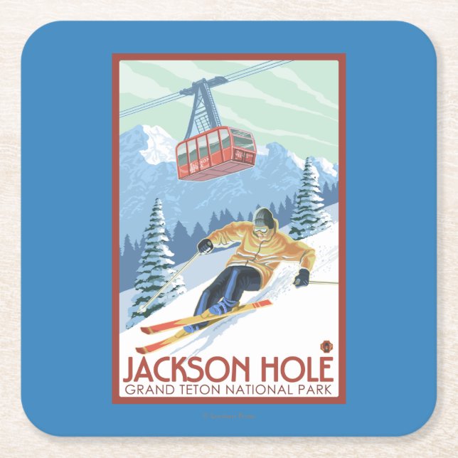 Jackson Hole, Wyoming Skier and Tram Square Paper Coaster (Front)