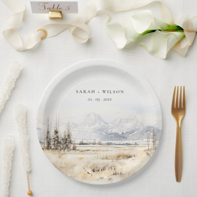 Jackson Hole Wyoming Watercolor Landscape Wedding Paper Plate (Wedding)
