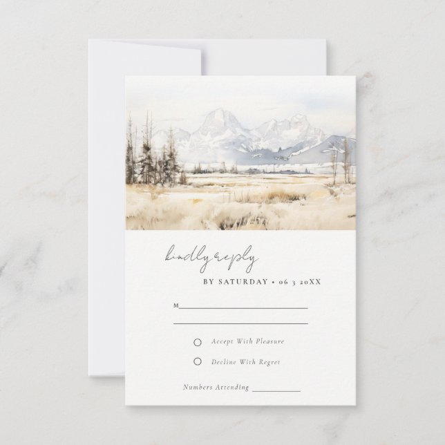 Jackson Hole Wyoming Watercolor Landscape Wedding RSVP Card (Front)