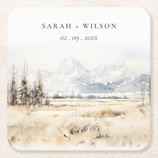 Jackson Hole Wyoming Watercolor Landscape Wedding Square Paper Coaster (Front)