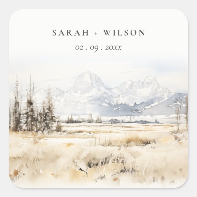 Jackson Hole Wyoming Watercolor Landscape Wedding Square Sticker (Front)
