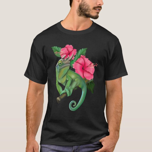 Jackson’s Chameleon with Hibiscus  T-Shirt (Front)
