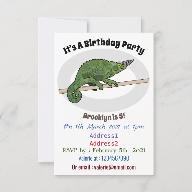 Jackson's chameleon cartoon illustration invitation (Front)