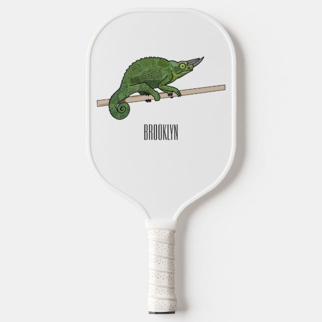 Jackson's chameleon cartoon illustration pickleball paddle (Front)