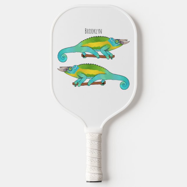 Jackson's chameleon cartoon illustration  pickleball paddle (Front)