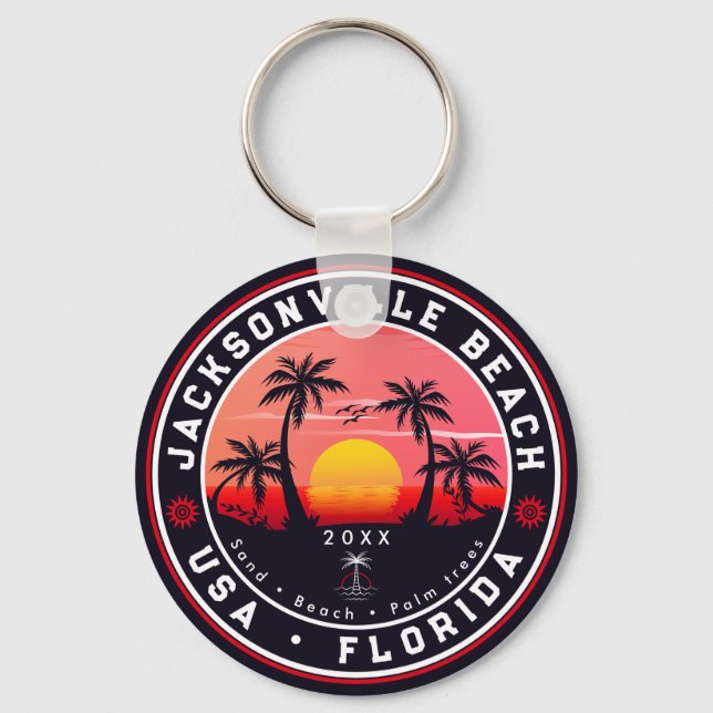 Jacksonville Beach Florida tropical Retro Sunset Key Ring (Front)