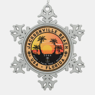 Jacksonville Beach Florida tropical Retro Sunset Snowflake Pewter Christmas Ornament