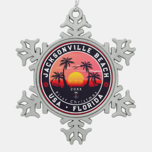 Jacksonville Beach Florida tropical Retro Sunset Snowflake Pewter Christmas Ornament