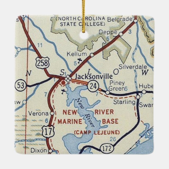 Jacksonville NC Vintage Map Ceramic Ornament (Back)