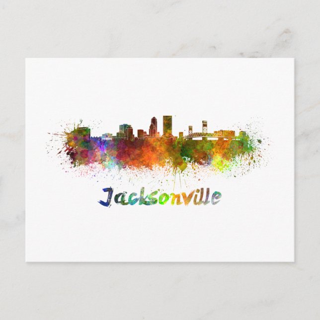 Jacksonville skyline in watercolor postcard (Front)