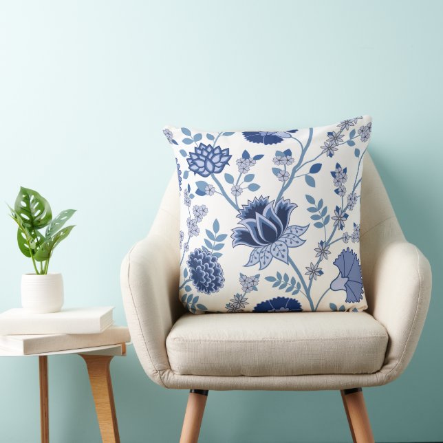 Jacobean Floral 2Way Pattern Blues on White Cushion (Chair)