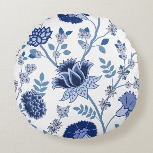 Jacobean Floral 2Way Pattern Blues on White Round Cushion