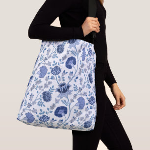 Jacobean Floral Big Pattern Blue on White Crossbody Bag