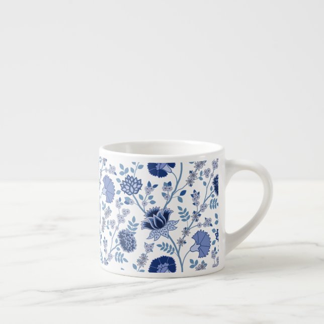 Jacobean Floral Big Pattern Blues on White Espresso Cup (Right)