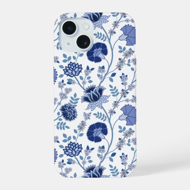 Jacobean Floral Big Pattern Blues on White iPhone 15 Case (Back)
