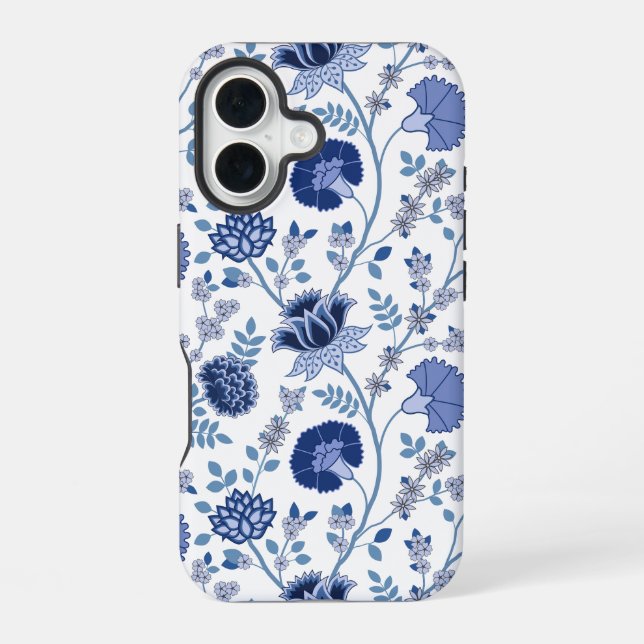 Jacobean Floral Big Pattern Blues on White iPhone 16 Case (Back)