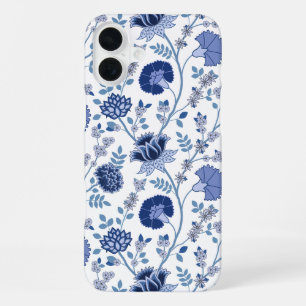 Jacobean Floral Big Pattern Blues on White iPhone 16 Plus Case