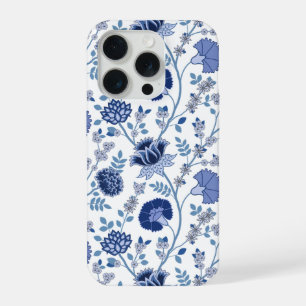 Jacobean Floral Big Pattern Blues on White iPhone 15 Pro Case