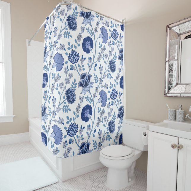 Jacobean Floral Big Pattern Blues on White Shower Curtain (In Situ)