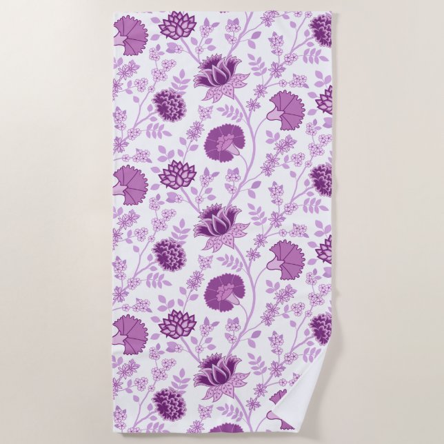 Jacobean Floral Big Pattern Pinks on White Beach Towel (Front)