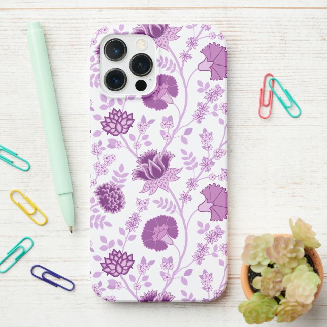 Jacobean Floral Big Pattern Pinks on White iPhone Case (On Desk)