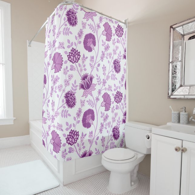Jacobean Floral Big Pattern Pinks on White Shower Curtain (In Situ)