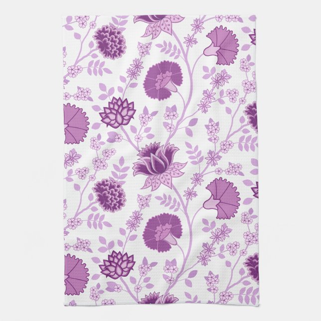 Jacobean Floral Big Pattern Pinks on White Tea Towel (Vertical)