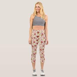 Jacobean Floral Big Pattern Reds Pinks Gold Cream Capri Leggings