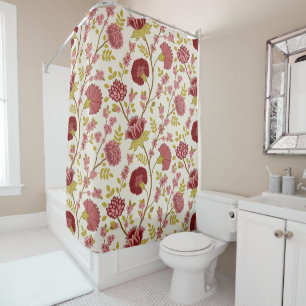 Jacobean Floral Big Pattern Reds Pinks Gold Cream Shower Curtain