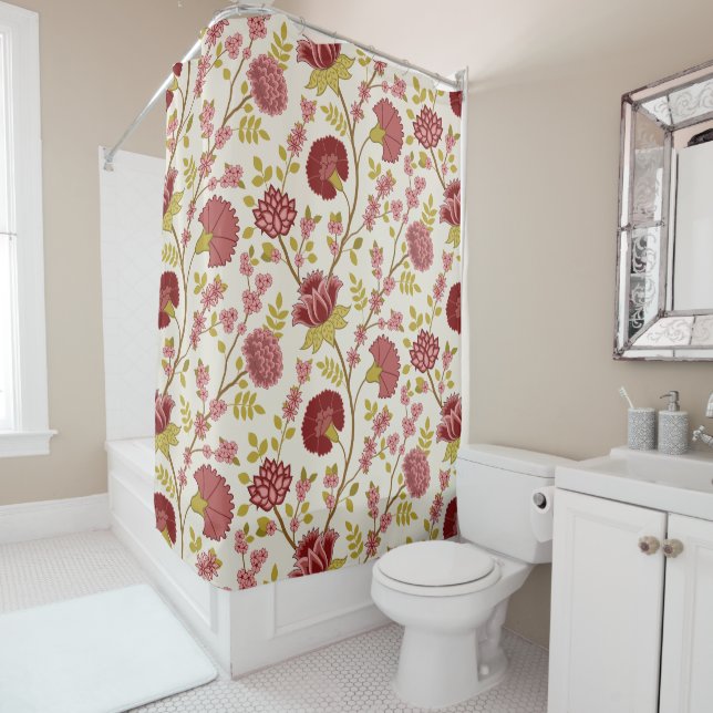 Jacobean Floral Big Pattern Reds Pinks Gold Cream Shower Curtain (In Situ)