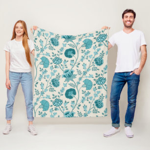 Jacobean Floral Big Pattern Teals on Cream Fleece Blanket