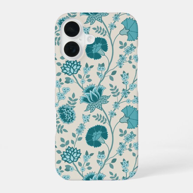 Jacobean Floral Big Pattern Teals on Cream iPhone 16 Case (Back)