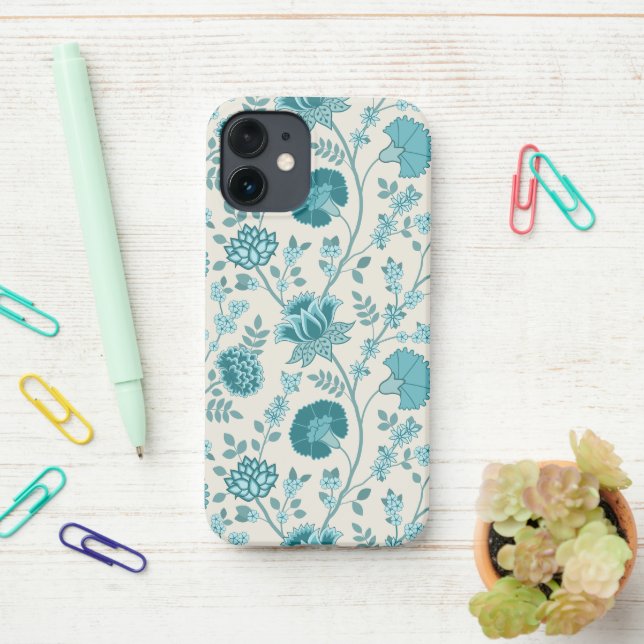 Jacobean Floral Big Pattern Teals on Cream iPhone Case (On Desk)