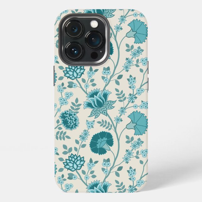 Jacobean Floral Big Pattern Teals on Cream iPhone Case (Back)