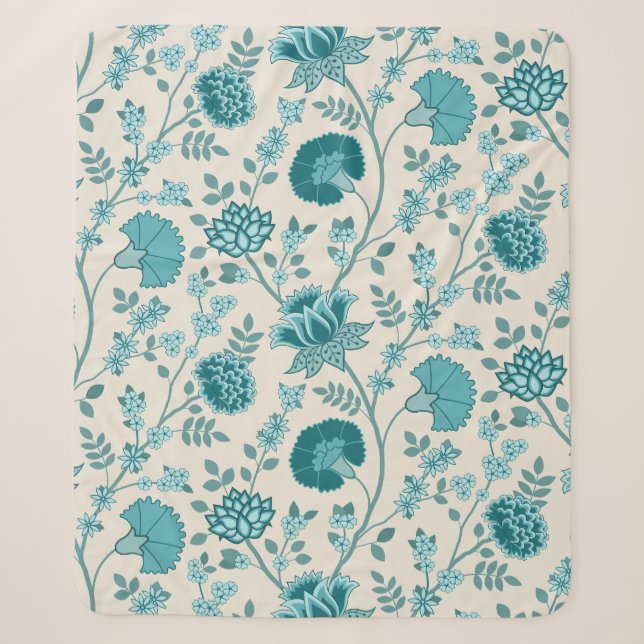 Jacobean Floral Big Pattern Teals on Cream Sherpa Blanket (Front)