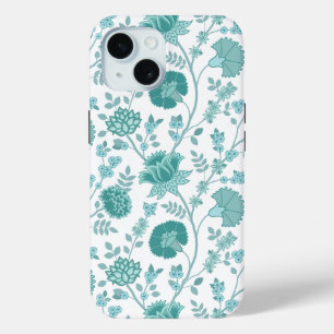 Jacobean Floral Big Pattern Teals on White iPhone 15 Case