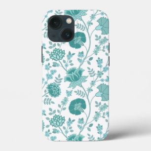 Jacobean Floral Big Pattern Teals on White iPhone 13 Mini Case