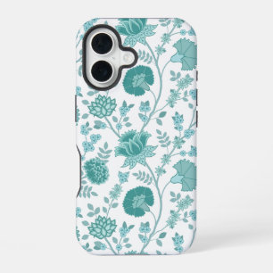 Jacobean Floral Big Pattern Teals on White iPhone 16 Case