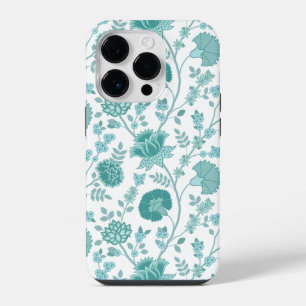 Jacobean Floral Big Pattern Teals on White iPhone 14 Pro Case