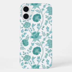 Jacobean Floral Big Pattern Teals on White iPhone 16 Plus Case