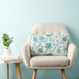 Jacobean Floral Big Pattern Teals on White Lumbar Cushion