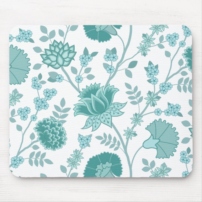 Jacobean Floral Big Pattern Teals on White Mouse Pad (Front)